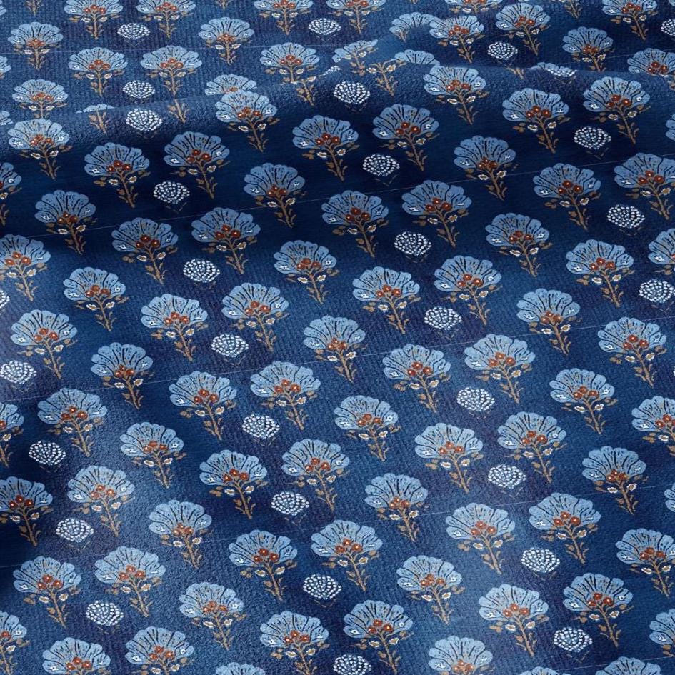 100% LINEN Indigo blue block print - Blue blossom - floral fabric for dress making or home decor 2934