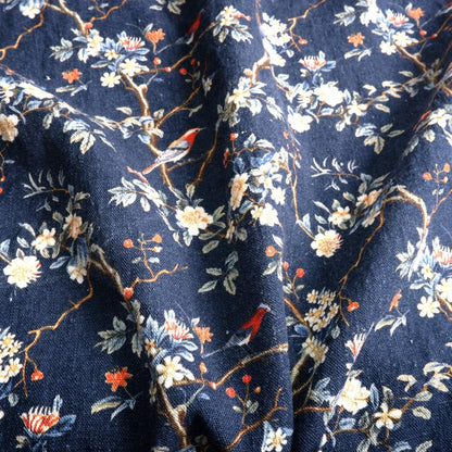 100% LINEN Fabric Toile de Jouy in navy blue, botanical flax fabric with indigo blue print, French linen floral Birds on the tree