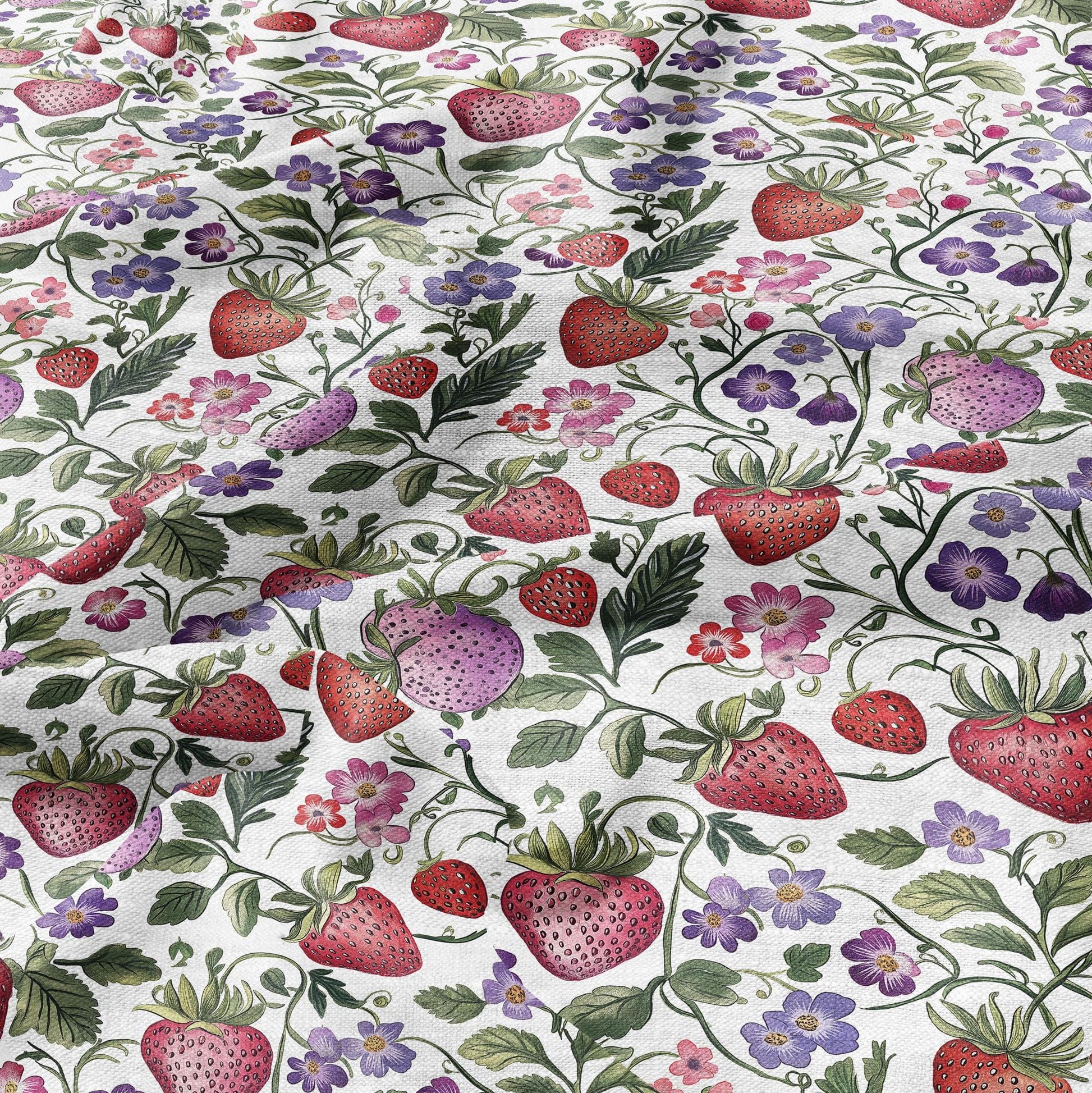 100% LINEN Fabric with strawberry field print - linen fabric with berries floral print - linen fabric upholstery home decor dressmaking