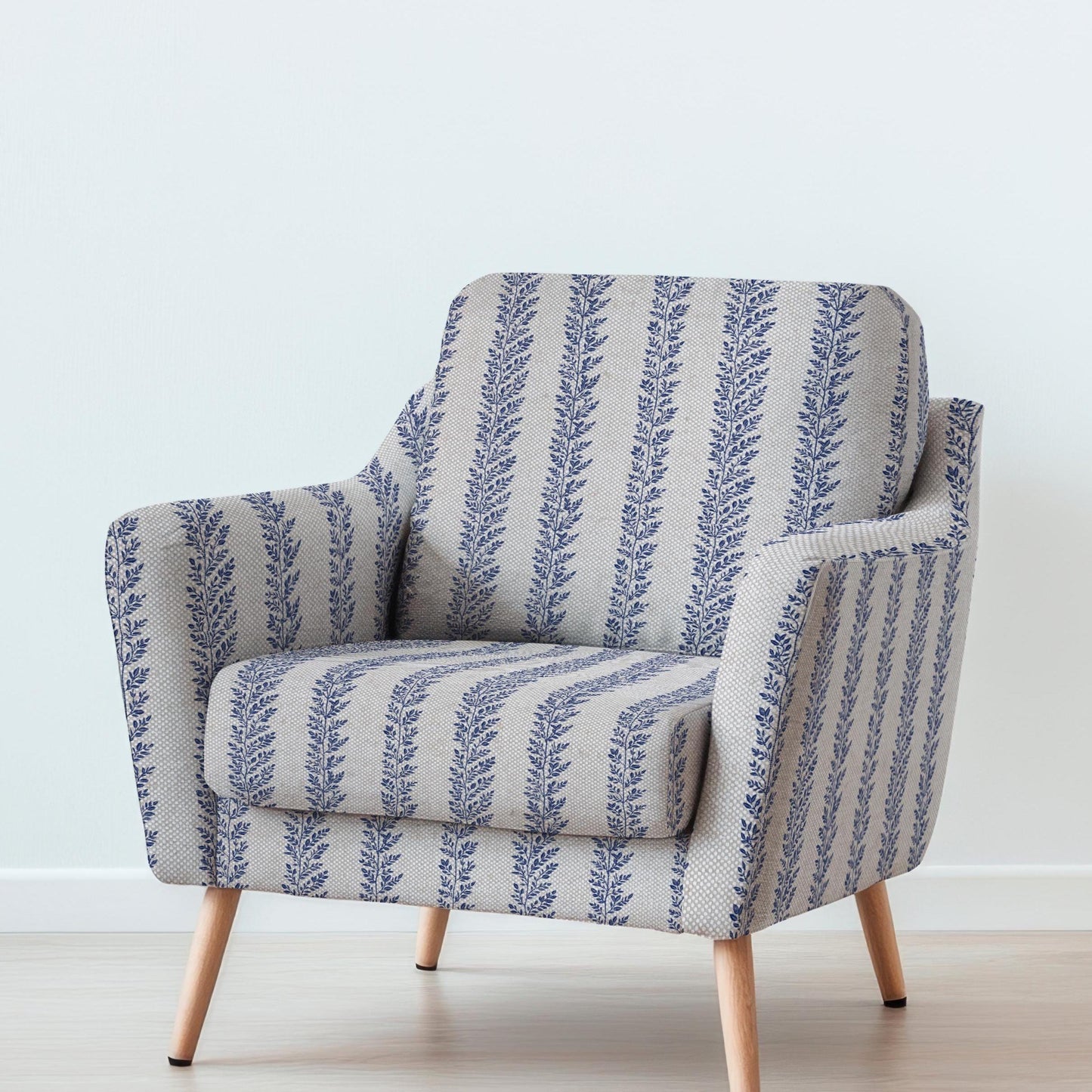 100% LINEN Fabric UPHOLSTERY 12oz - indigo blue block print on oatmeal linen - Modern vintage Victorian floral stripe upholstery 2580