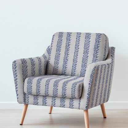 100% LINEN Fabric UPHOLSTERY 12oz - indigo blue block print on oatmeal linen - Modern vintage Victorian floral stripe upholstery 2580