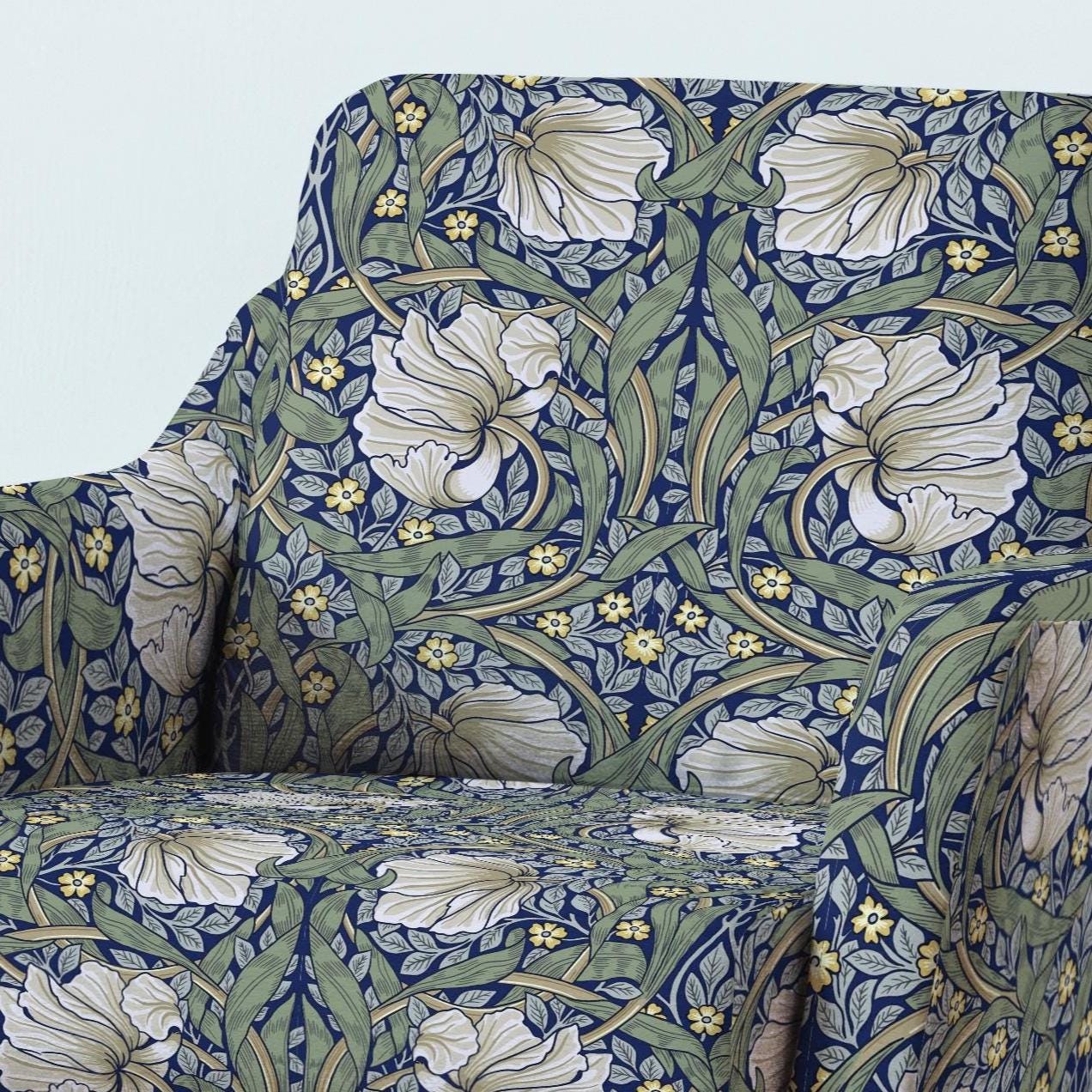 100% LINEN Fabric UPHOLSTERY 12oz - William Morris Pimpernel green print on linen - Victorian art craft - floral upholstery 201G