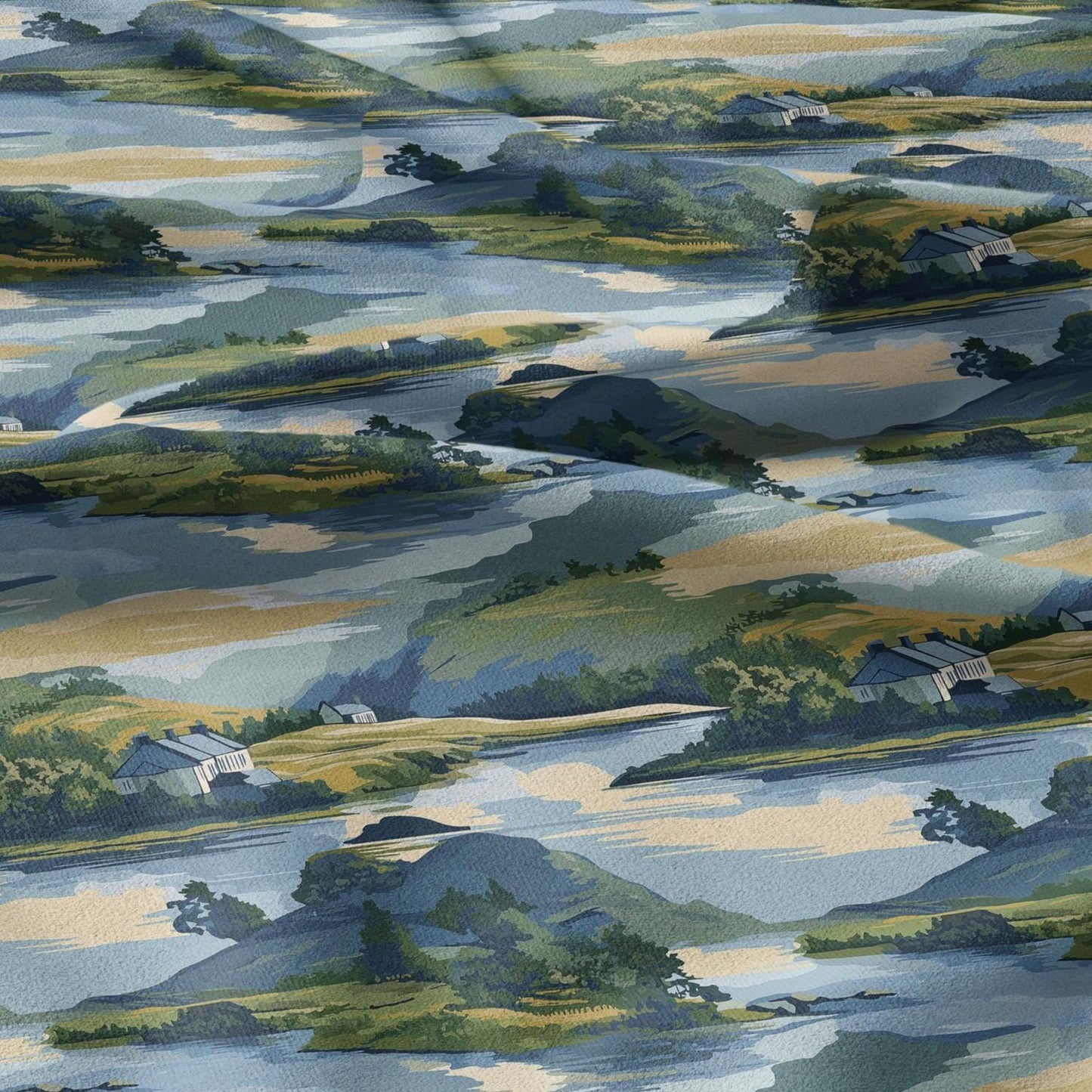 100% LINEN Fabric Countryside scenery -landscape linen fabric with green print - heavy linen fabric for upholstery home decor 2907