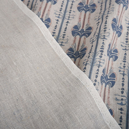 100% LINEN Fabric Stripe abstract blue block print on oatmeal natur linen, floral toile de jouy fabric, French linen floral upholstery 2237