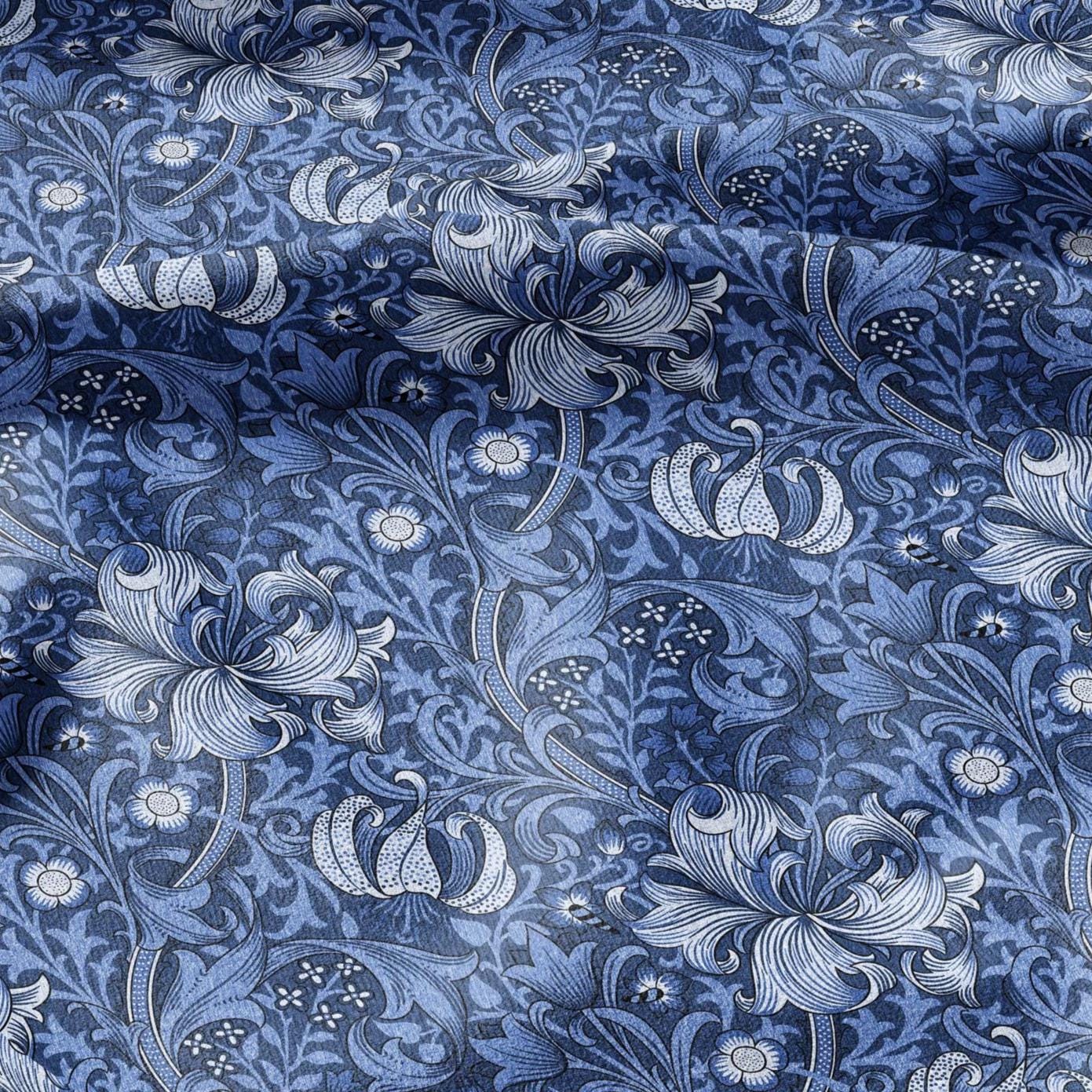 100% LINEN Fabric William Morris Golden Lily blue white - British linen floral upholstery home textile Victorian fabrics 3226