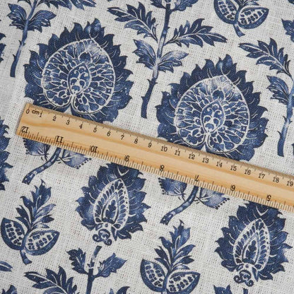 100% LINEN Fabric block print indigo blue on white - floral print heavy linen fabric for upholstery home decor sewing 2009