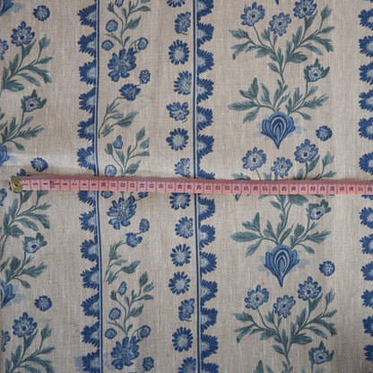 100% LINEN Fabric floral stripe print - oatmeal neutral fabric with blue green print - linen fabric upholstery home decor dressmaking 2153