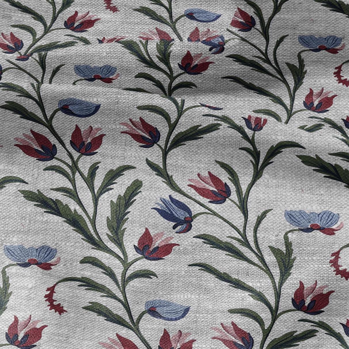 100% LINEN Fabric tulips blossom print on oatmeal linen - blue gray heavy fabric for upholstery - medium weight linen dress making