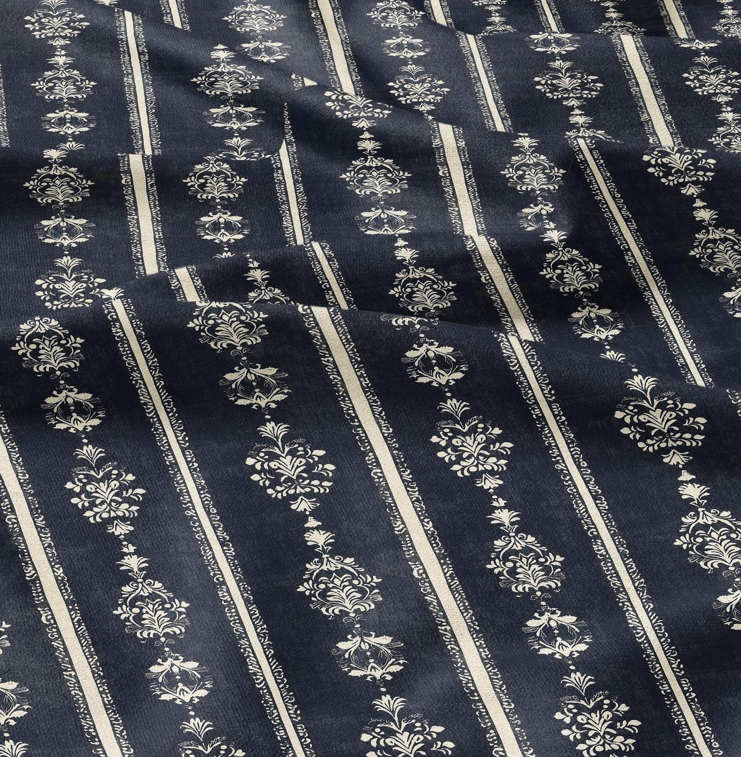 100% LINEN Fabric Indigo blue stripe block - tribal print on linen print upholstery curtains dress making