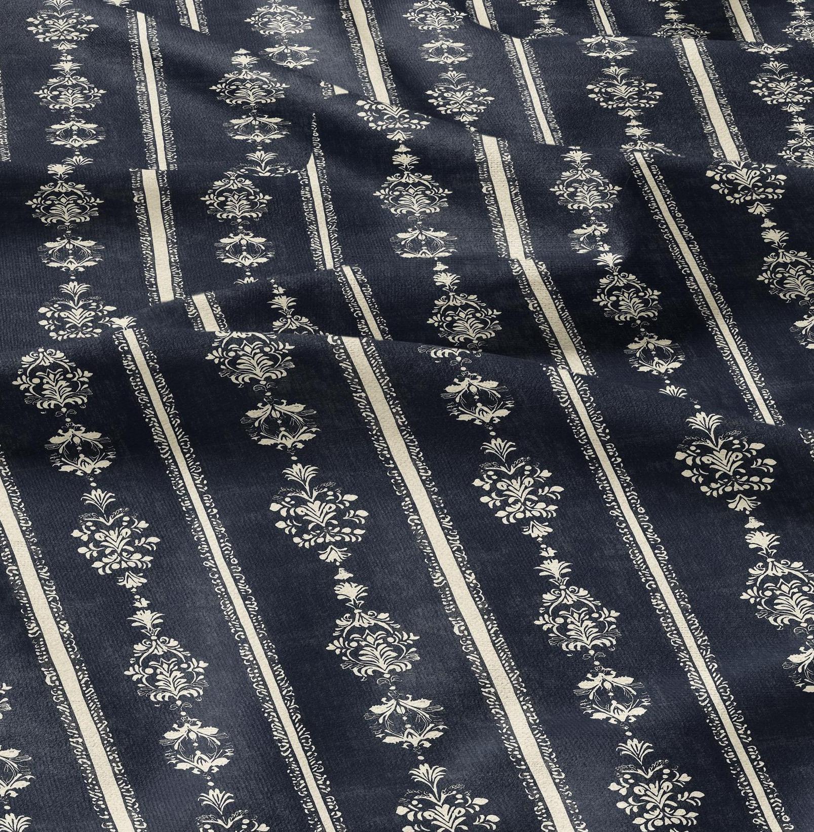 100% LINEN Fabric Indigo blue stripe block - tribal print on linen print upholstery curtains dress making