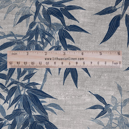 100% LINEN Fabric Bamboo blue print - botanical floral on oatmeal linen - chinoiserie modern vintage 3050