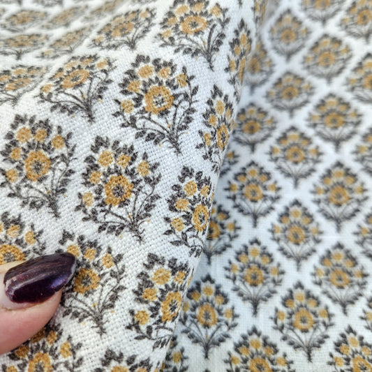 100% LINEN Fabric block print mustard brown yellow on white - heavy linen fabric upholstery home decor or medium for clothing 2513 Vadodara