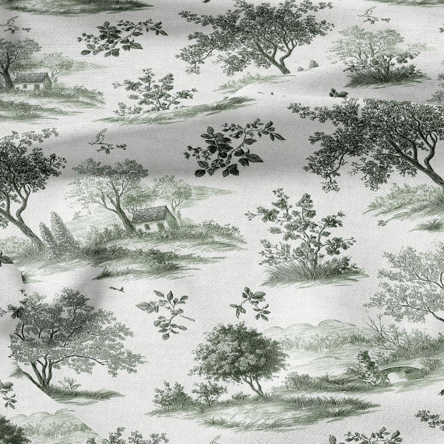 100% LINEN Fabric Countryside landscape - toile de jouy green white print linen heavy upholstery home decor - medium for dress making 3019