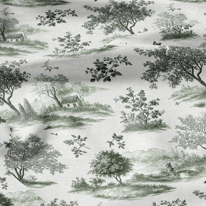 100% LINEN Fabric Countryside landscape - toile de jouy green white print linen heavy upholstery home decor - medium for dress making 3019