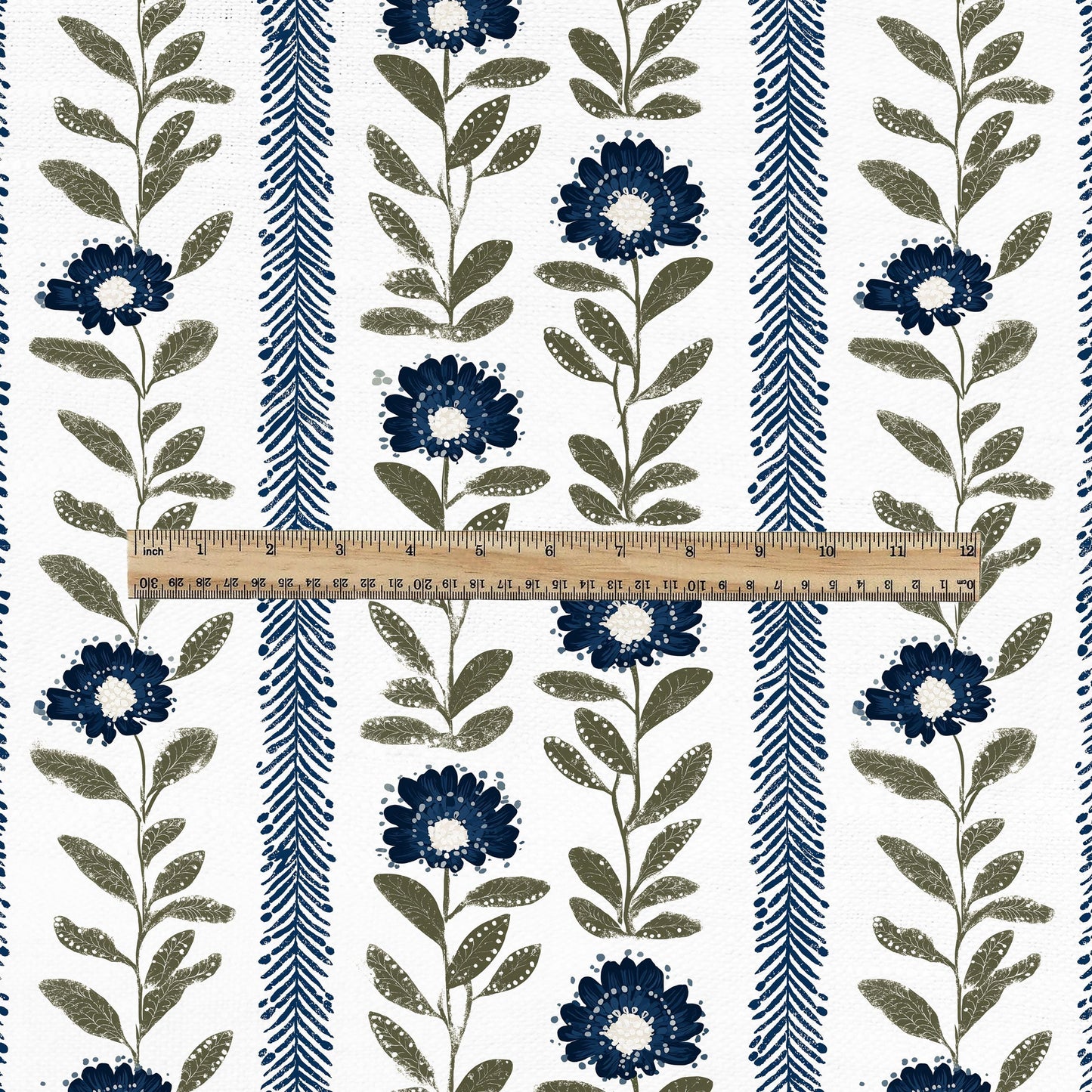 100% LINEN Fabric Floral stripe print green blue - floral upholstery home textile artisan fabrics blue green white 3126