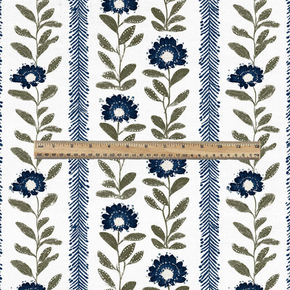 100% LINEN Fabric Floral stripe print green blue - floral upholstery home textile artisan fabrics blue green white 3126