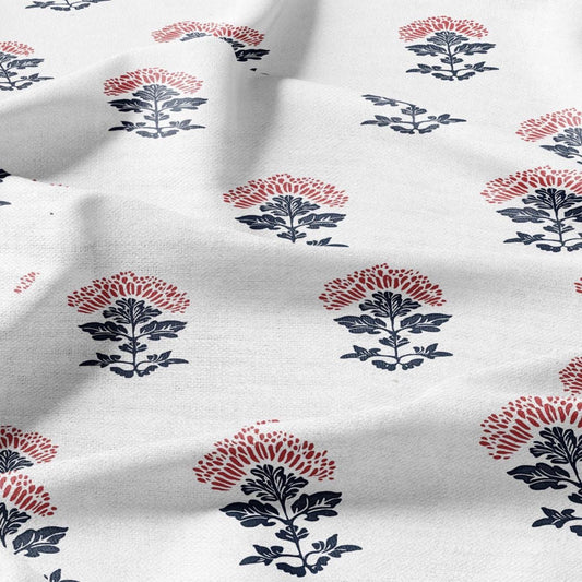 100% LINEN Fabric block print indigo blue red on white - linen fabric with floral print -heavy linen fabric for upholstery home decor