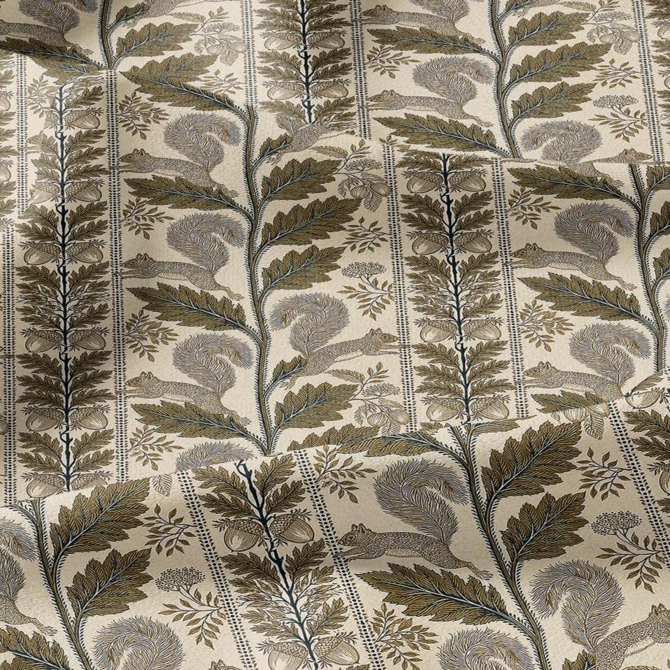 100% LINEN Fabric Woodland - Brown floral print with Squirrel Neutral Fabric by the Yard by LithuanianLinen 3788
