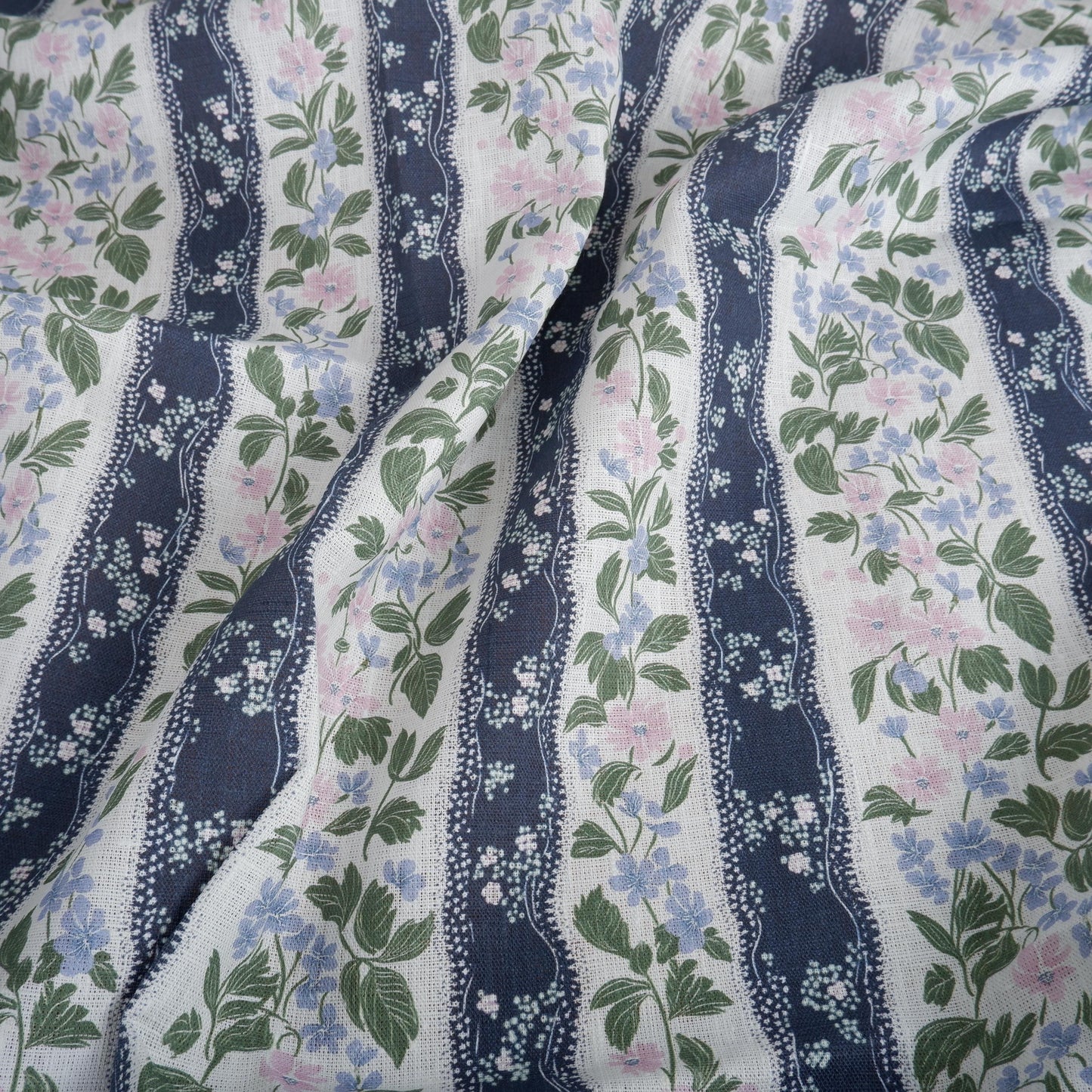 100% LINEN Fabric floral stripe print - mediterranean fabric print navy blue green pink Clematis - linen fabric upholstery dress making 2202