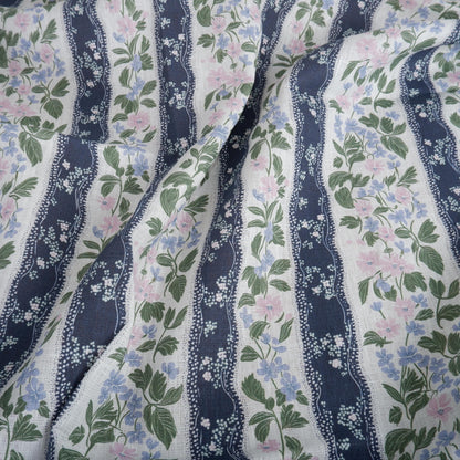100% LINEN Fabric floral stripe print - mediterranean fabric print navy blue green pink Clematis - linen fabric upholstery dress making 2202