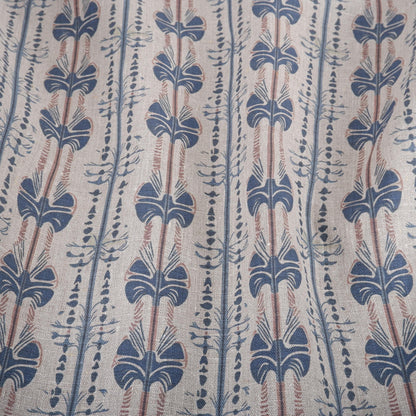 100% LINEN Fabric Stripe abstract blue block print on oatmeal natur linen, floral toile de jouy fabric, French linen floral upholstery 2237