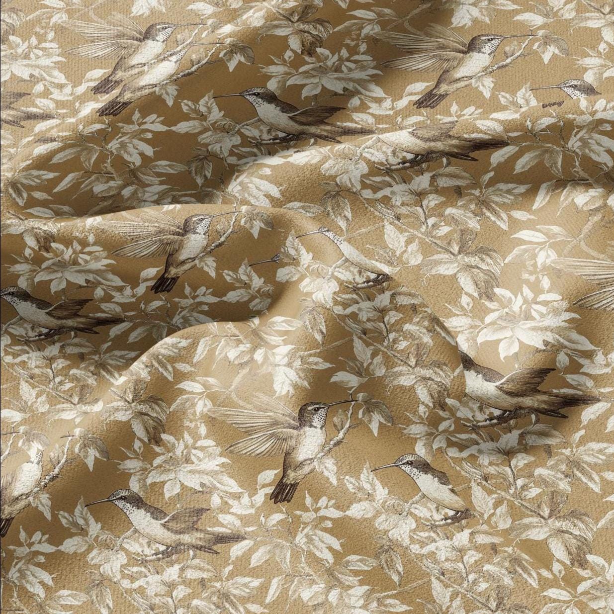100% LINEN Fabric Colibri print - hummingbird mustard yellow - heavy linen fabric for upholstery home decor or medium for dress making 2404