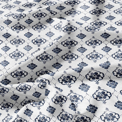 100% LINEN Fabric Greek blue flower print on white linen - Floral print flax fabric for uphlstery heavy / medium for clothing 2574