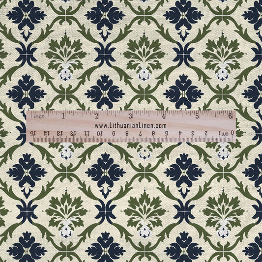 olive green print on 100% LINEN - Floral tile print linen Fabric - Linen fabric for dressmaking home textile 2682