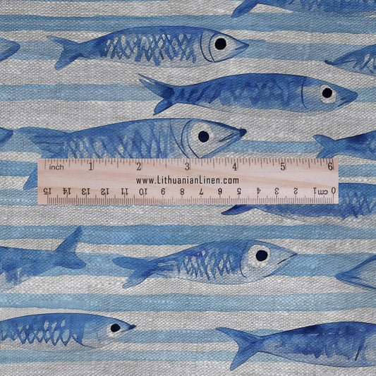 100% LINEN fabric sardines print - Fish in sea print linen Fabric - blue stripe Linen fabric for dressmaking home textile sewing hobby 2692
