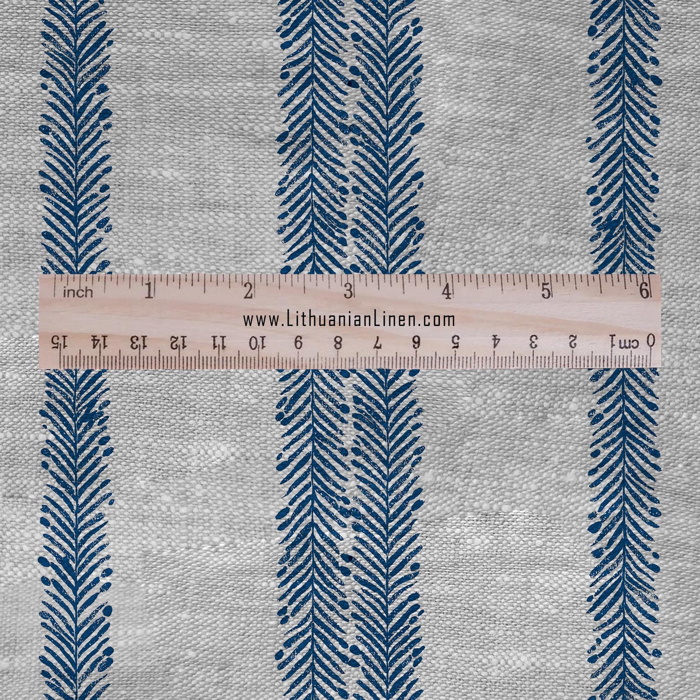 100% LINEN Fabric block print stripe floral blue green on grey - oatmeal linen fabric with botanical print for upholstery home decor 3089
