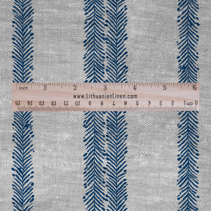 100% LINEN Fabric block print stripe floral blue green on grey - oatmeal linen fabric with botanical print for upholstery home decor 3089