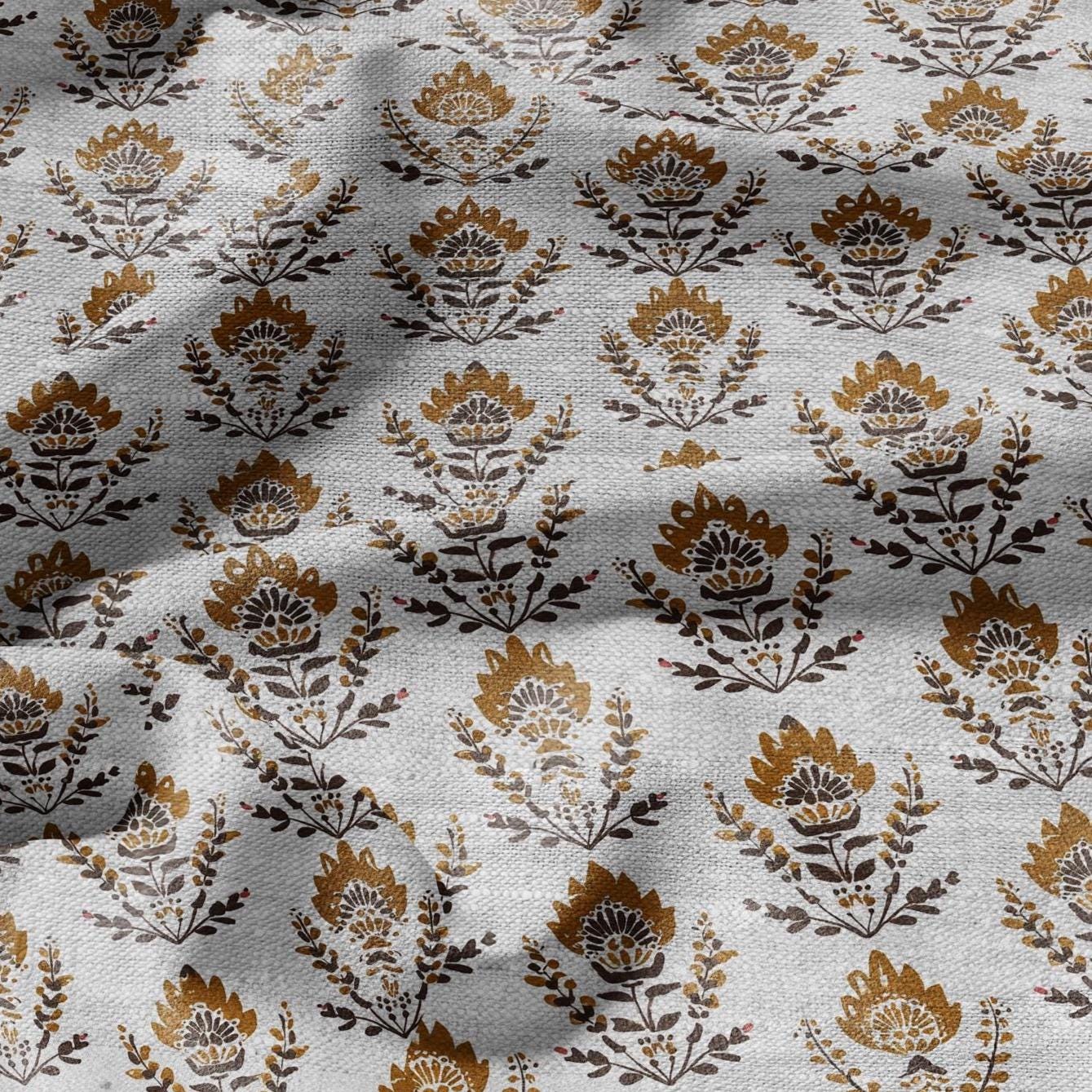 100% LINEN Fabric mustard yellow block print on oatmeal natur linen - floral French - heavy upholstery home decor - medium dress making 2373