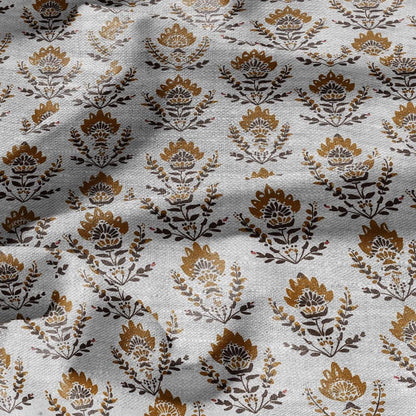 100% LINEN Fabric mustard yellow block print on oatmeal natur linen - floral French - heavy upholstery home decor - medium dress making 2373