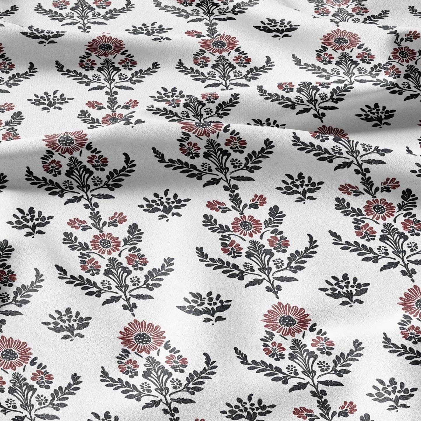 100% LINEN Fabric black red block print - floral fabric for upholstery home decor dress making 2138
