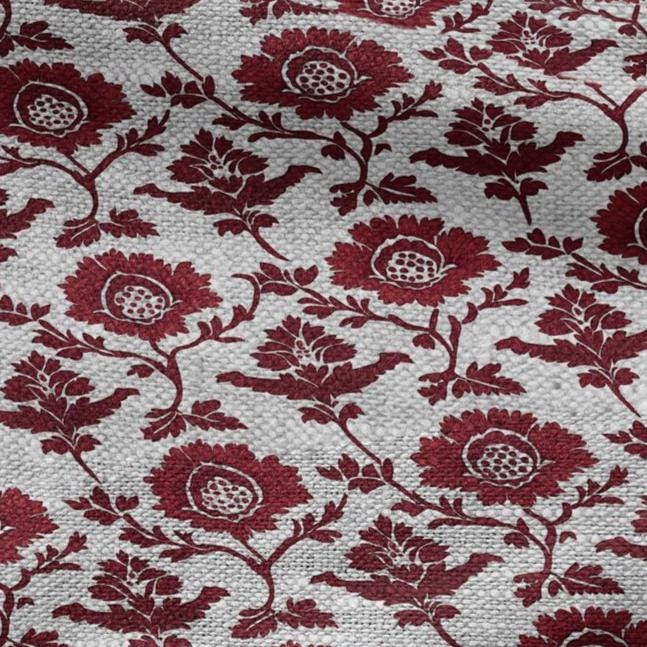 100% LINEN Fabric red flower print - floral red gray print on oatmeal linen for home decor sewing dress clothing 2198