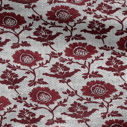 100% LINEN Fabric red flower print - floral red gray print on oatmeal linen for home decor sewing dress clothing 2198