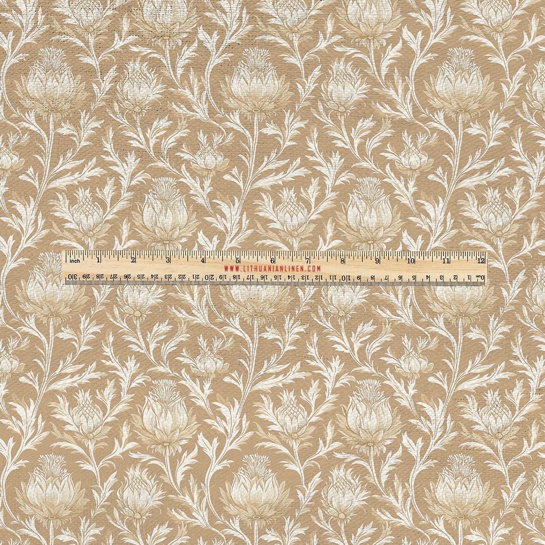 100% LINEN Fabric UPHOLSTERY 12oz - Beige thistle on white linen - Modern vintage Grandmillennial toile de jouy upholstery 2043