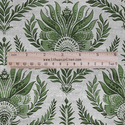 100% LINEN Fabric french blue block print on oatmeal natur linen - 305G - floral toile de jouy fabric, French linen floral upholstery