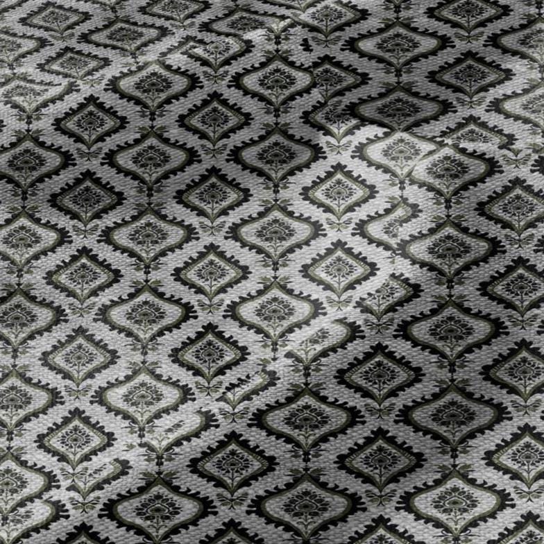 100% LINEN Fabric dark green block print - geometric modern vintage botanical 3418