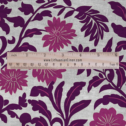 100% LINEN Fabric purple flowers - floral modern print on oatmeal linen for home decor sewing dress clothing 2372