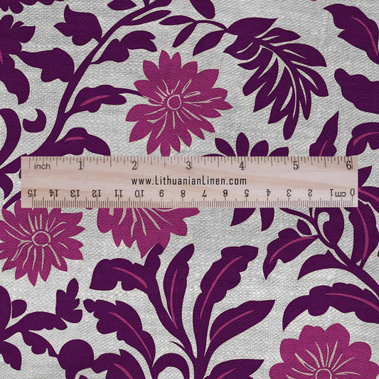 100% LINEN Fabric purple flowers - floral modern print on oatmeal linen for home decor sewing dress clothing 2372
