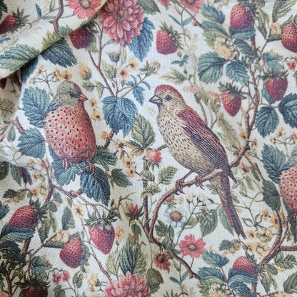 Birds in Strawberry field 100% LINEN Fabric, flax linen fabric Strawberry print on linen for home textile clothing curtains