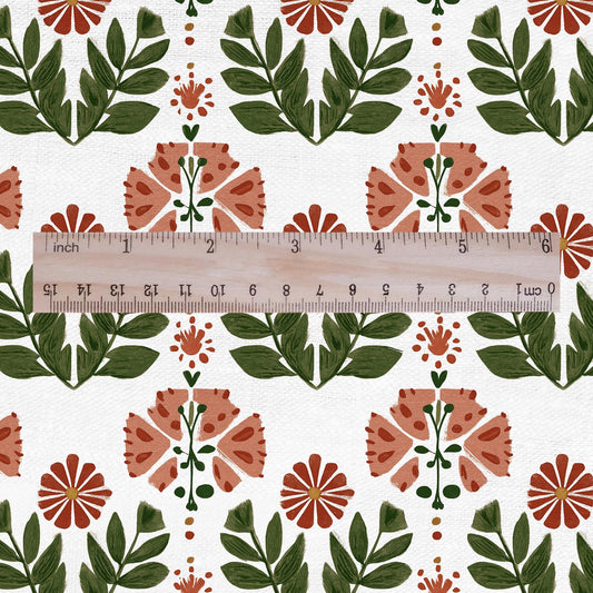 100% LINEN Fabric naive flower red green print - Modern vintage botanical - heavy linen fabric for upholstery home decor 3101