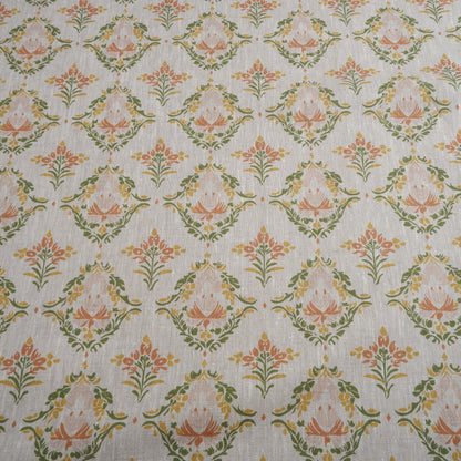 100% LINEN Fabric block print pastel green pink grey | oatmeal linen fabric with floral print | linen fabric for upholstery home decor
