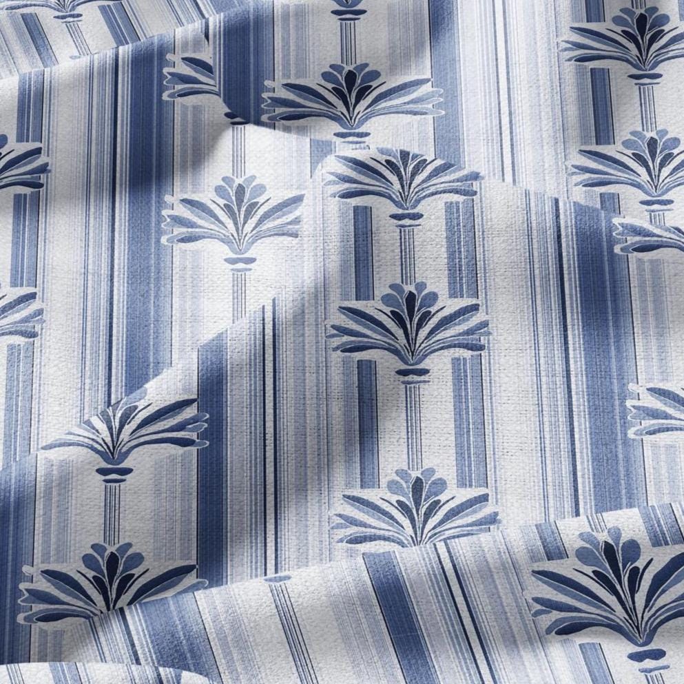 100% LINEN Fabric Stripe Fleur de lis blue print  - floral upholstery home textile artisan fabrics blue white 3129