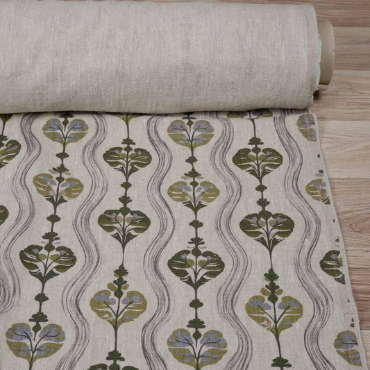 100% LINEN Fabric Waves stripe green - Modern vintage print on oatmeal linen for home decor sewing dress clothing 2938