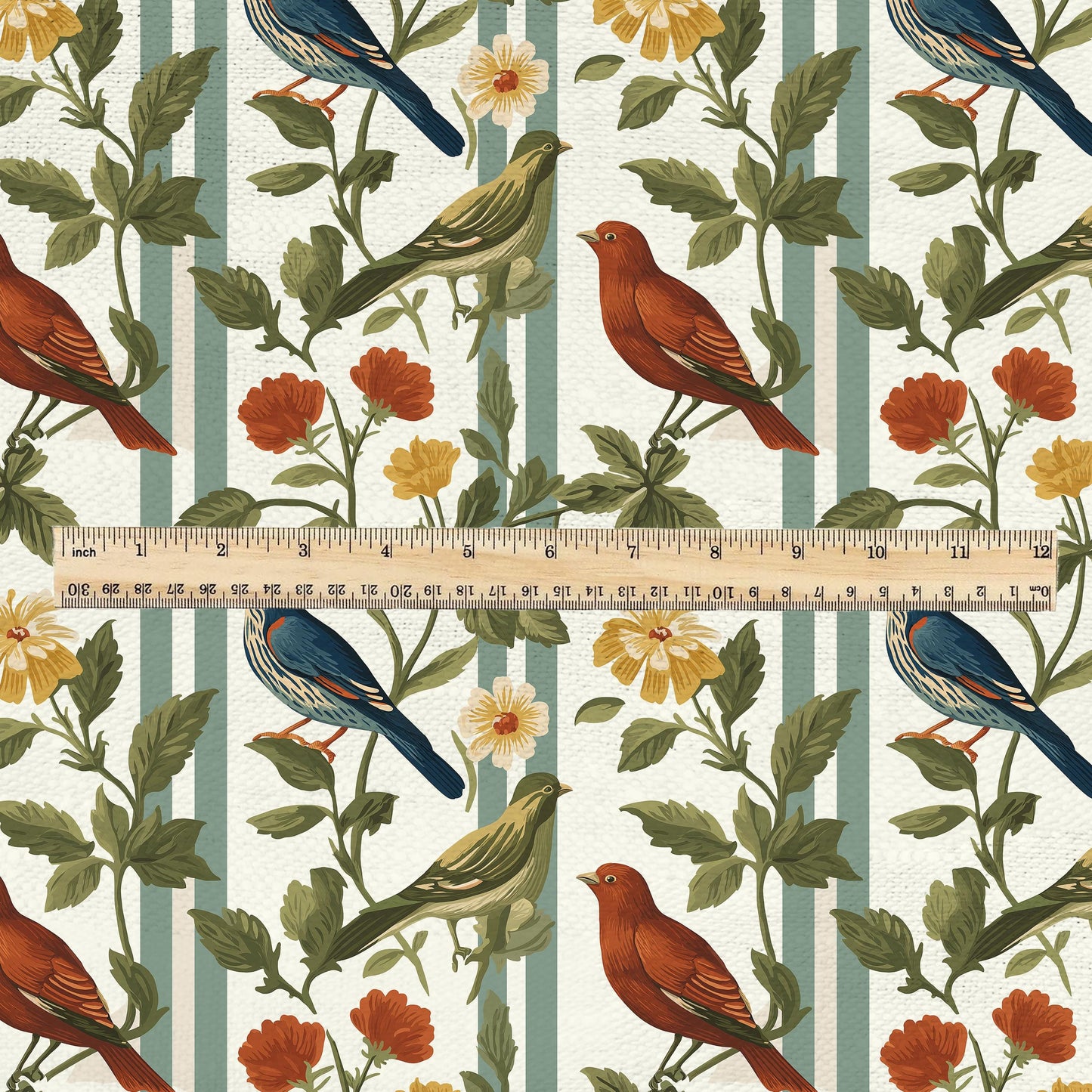 100% LINEN Fabric Birds on fence print - botanical stripe upholstery home textile artisan fabrics red blue green white 2745