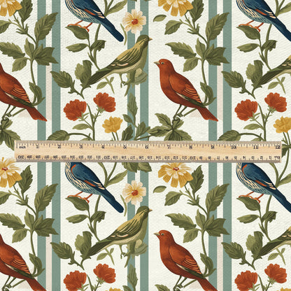 100% LINEN Fabric Birds on fence print - botanical stripe upholstery home textile artisan fabrics red blue green white 2745