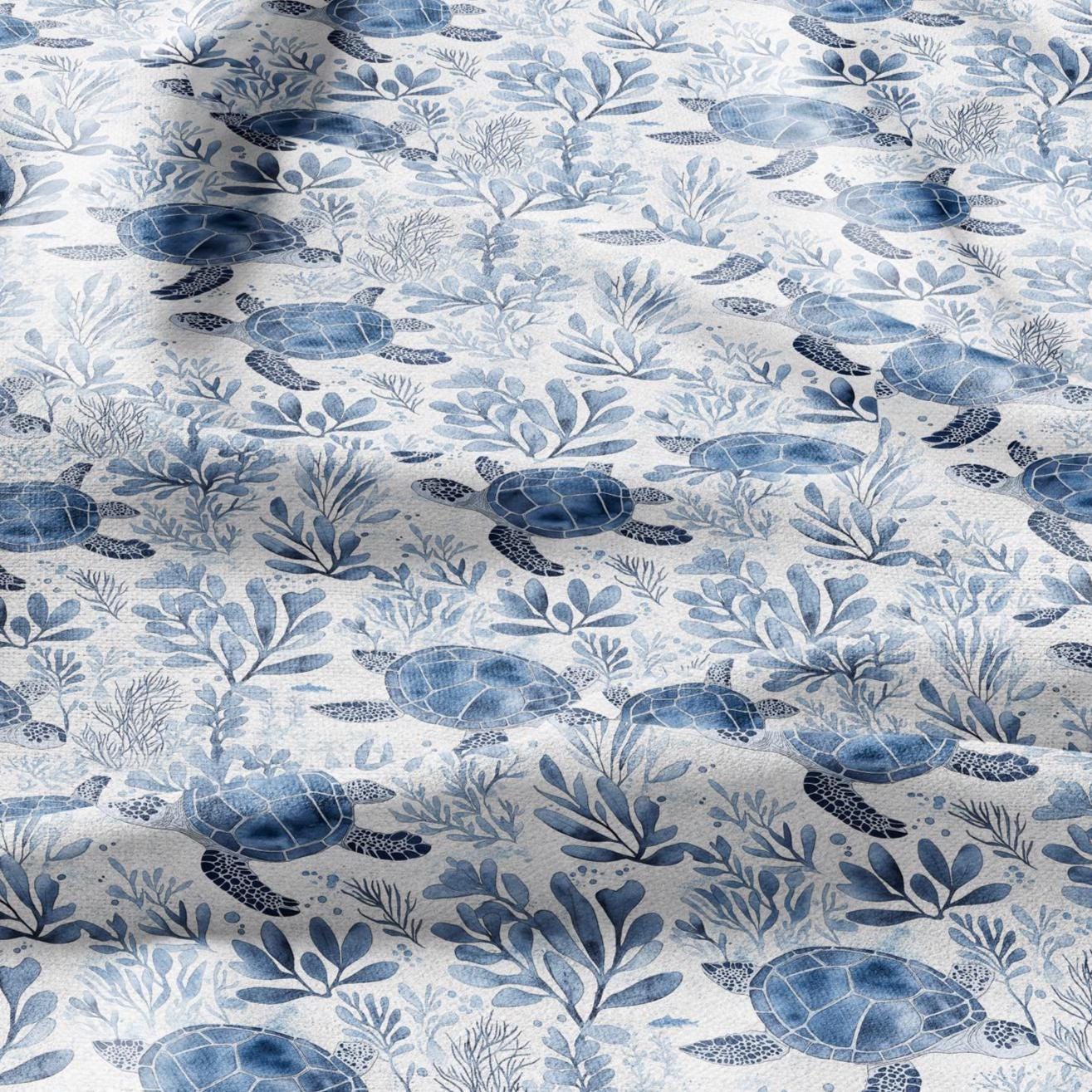 100% LINEN Fabric Toile de Jouy TURTLE in the see - white fabric with blue print heavy linen for upholstery or medium for dress making