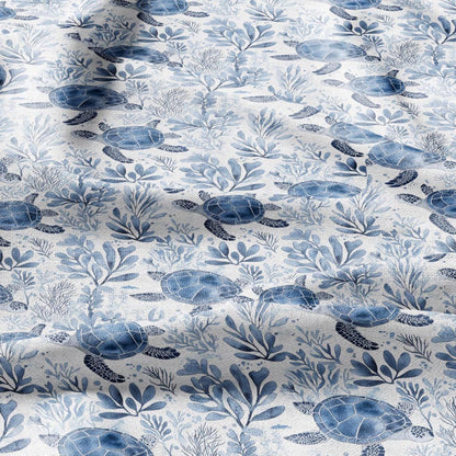 100% LINEN Fabric Toile de Jouy TURTLE in the see - white fabric with blue print heavy linen for upholstery or medium for dress making